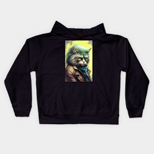 Cool cat portrait wearing a brown Jacket Kids Hoodie